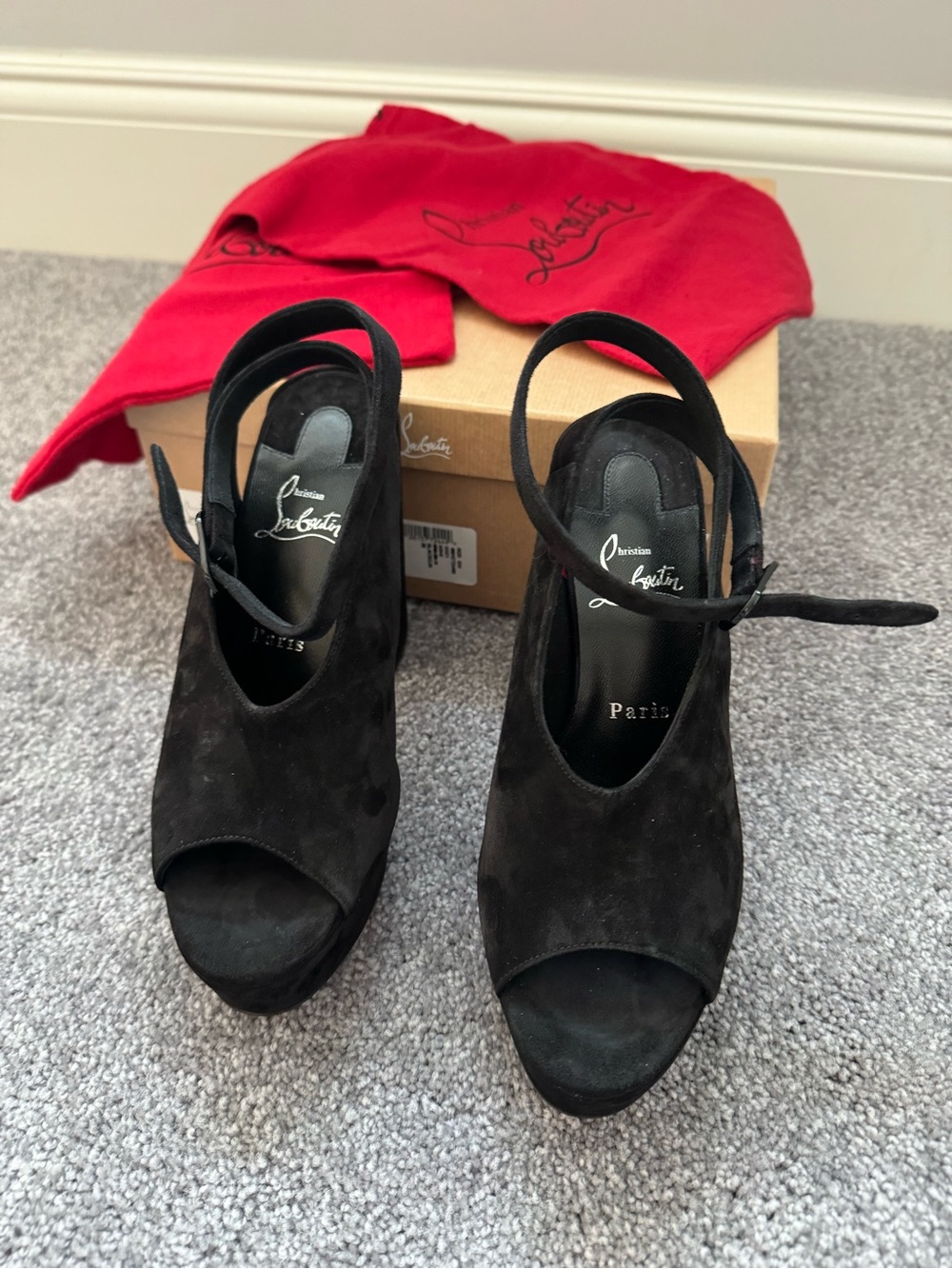 Christian Louboutin Black Suede Peep-Toe “Movida Irina” Platform Heels